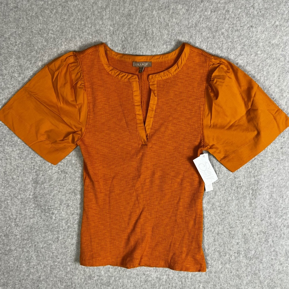 Lilla‎ P Puff Sleeve Split Neck Top Shirt ShiWomens XS Curry Orange Ribbed